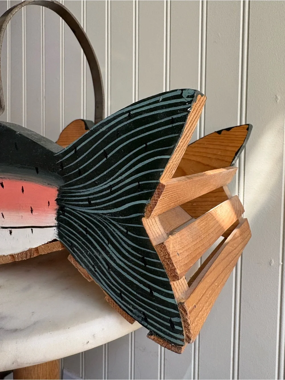 Vintage Handmade Trout Fish Wooden Basket Green & Brown VTG Cabincore Grandpa
